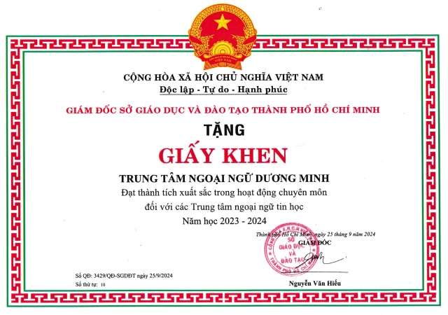 Ngoại Ngữ Dương Minh Tiếp Tục Đón Nhận Giấy Khen Xuất Sắc Từ Sở GD & ĐT TP.HCM